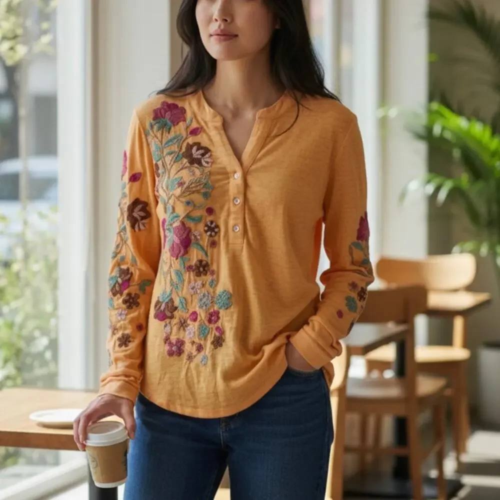 Soft Surroundings Orange Antalya Striped Floral Embroidered Henley Top